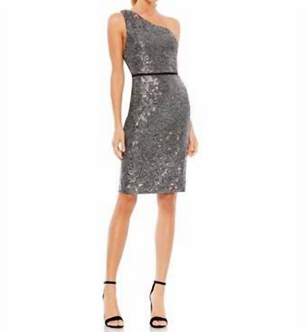 NEW MAC DUGGAL open back one shoulder dress in gunmetal